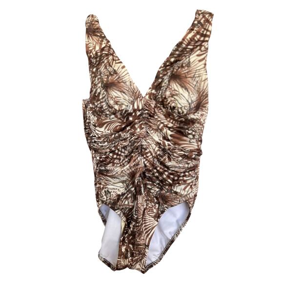 Women's Miraclesuit Brown Safari Animal Palm Print Front Ruching Size 12 - Picture 1 of 5